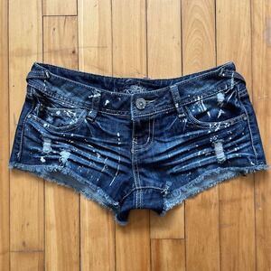 Y2K Almost Famous Low Rise Distressed Paint Splatter Denim Shorts Size 3 Blue